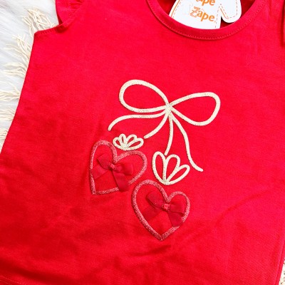 Conj. Blusa Laço e Short Flores de Corações com Mini Bolsos - Vermelho